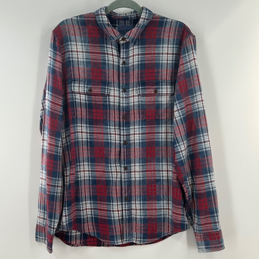 Lucky Brand Mens True Indigo Red Blue White Plaid Flannel Shirt 7MD41603 M